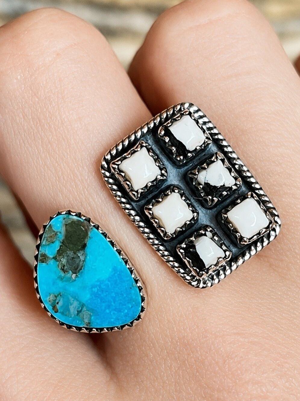 Sterling Silver White Buffalo Turquoise Adjustable Ring Southwestern Size 6-9